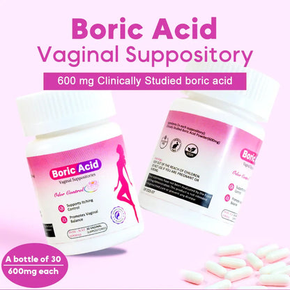 Medical Grade Boric Acid Vaginal Suppositories for Women Vaginal Health - Support Odor Control, Relive Itching, Burning and Irritation, Feminine Care, 30 Vaginal Suppositories 600mg