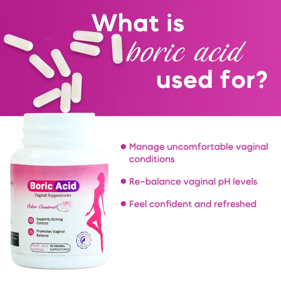 Medical Grade Boric Acid Vaginal Suppositories for Women Vaginal Health - Support Odor Control, Relive Itching, Burning and Irritation, Feminine Care, 30 Vaginal Suppositories 600mg